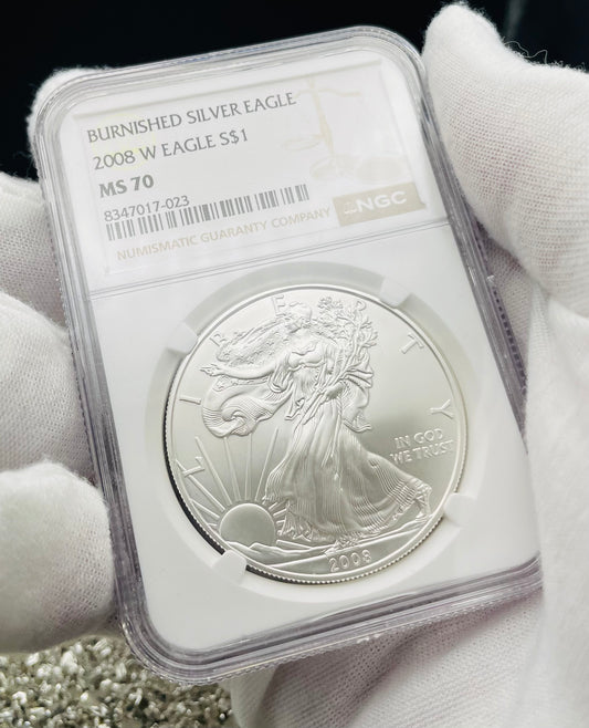 Burnished 2008 $1 (W) American Silver Eagle NGC MS70 Brown Label Mint Condition
