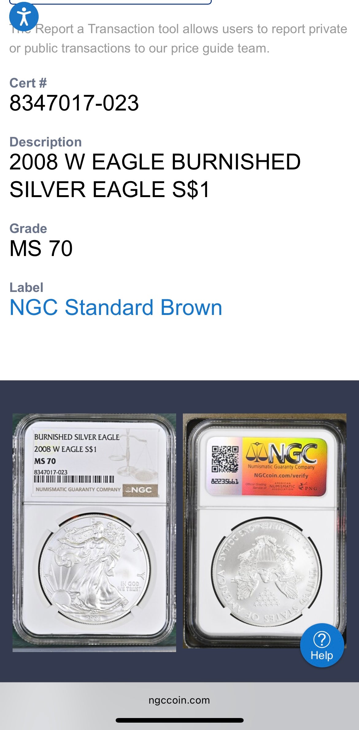 Burnished 2008 $1 (W) American Silver Eagle NGC MS70 Brown Label Mint Condition