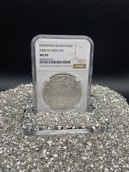 Burnished 2008 $1 (W) American Silver Eagle NGC MS70 Brown Label Mint Condition