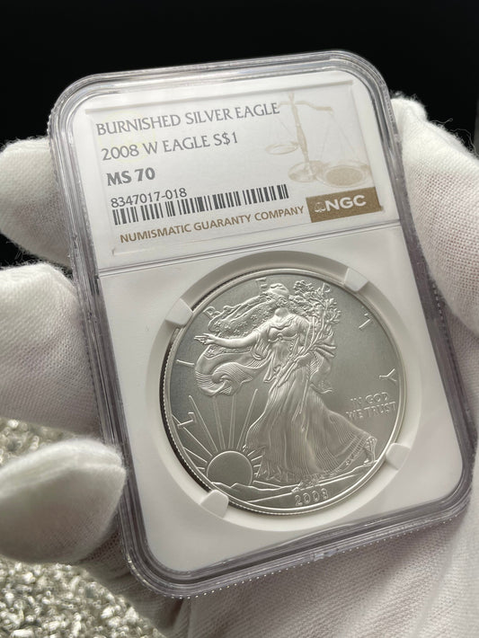 Burnished 2008 $1 (W) American Silver Eagle NGC MS70 Brown Label Mint Condition