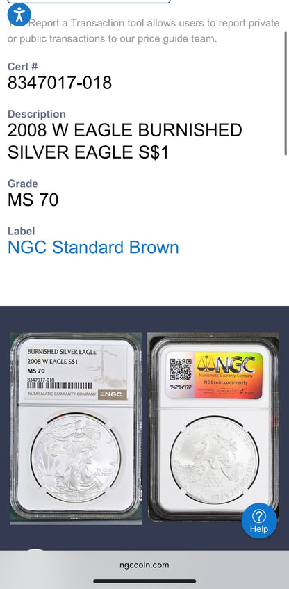 Burnished 2008 $1 (W) American Silver Eagle NGC MS70 Brown Label Mint Condition