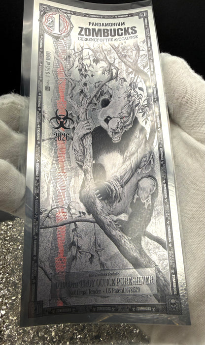 1/1000 OZT PANDAMONIUM ZOMBUCK WORLD SILVER AURUM NOTE & SLEEVE MINT (S/N 9,545)