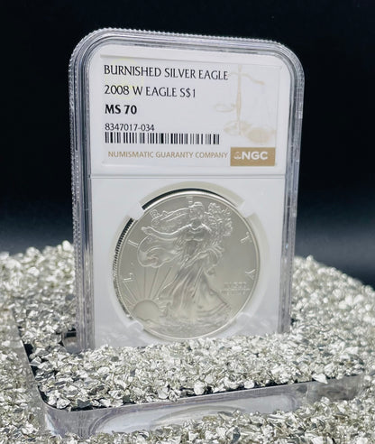 Burnished 2008 $1 (W) American Silver Eagle NGC MS70 Brown Label Mint Condition
