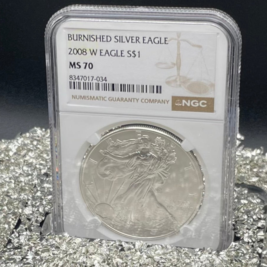 Burnished 2008 $1 (W) American Silver Eagle NGC MS70 Brown Label Mint Condition