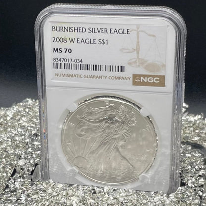 Burnished 2008 $1 (W) American Silver Eagle NGC MS70 Brown Label Mint Condition