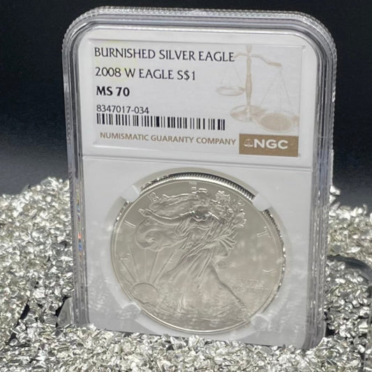 Burnished 2008 $1 (W) American Silver Eagle NGC MS70 Brown Label Mint Condition