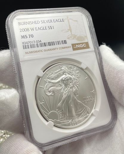 Burnished 2008 $1 (W) American Silver Eagle NGC MS70 Brown Label Mint Condition
