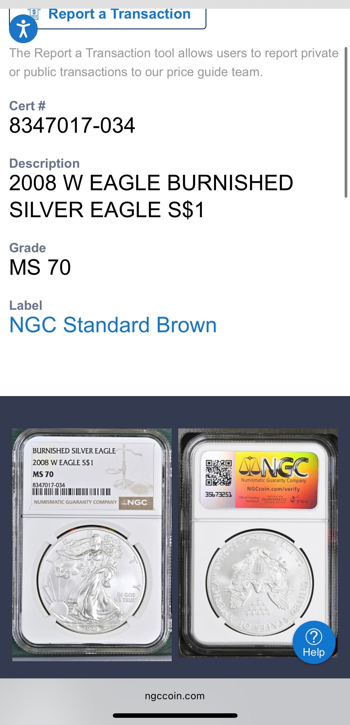 Burnished 2008 $1 (W) American Silver Eagle NGC MS70 Brown Label Mint Condition