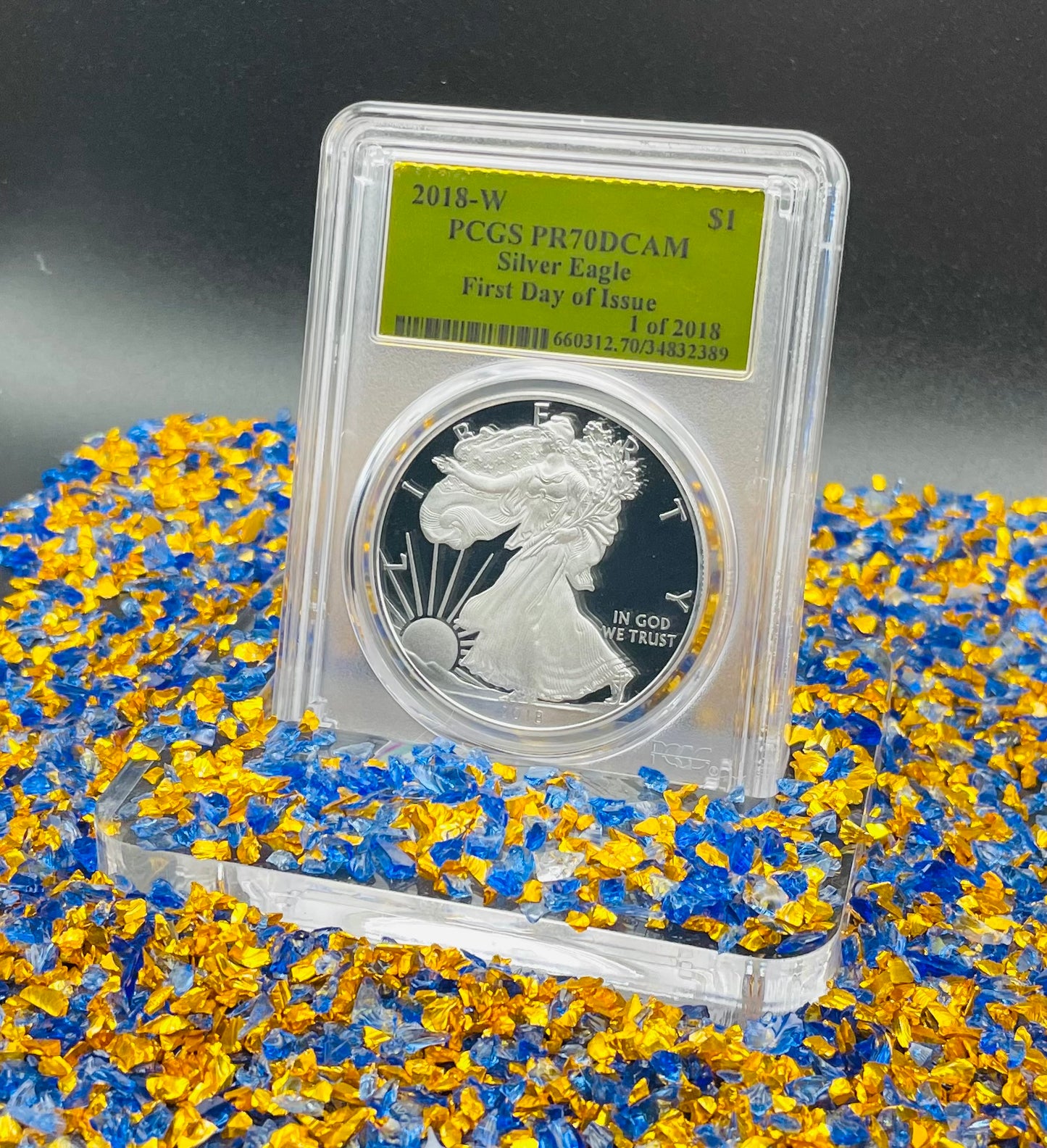 Proof 2018 (W) $1 American Silver Eagle PCGS PR70DCAM FDOI Gold Foil Label (1 of 2,018)