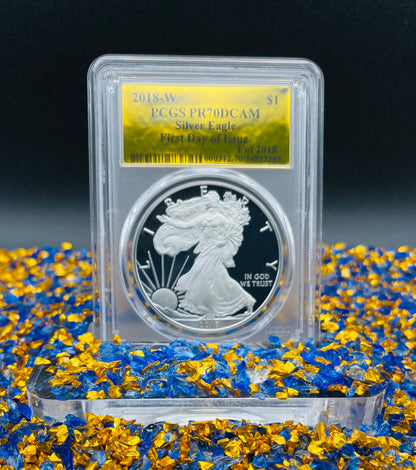 Proof 2018 (W) $1 American Silver Eagle PCGS PR70DCAM FDOI Gold Foil Label (1 of 2,018)