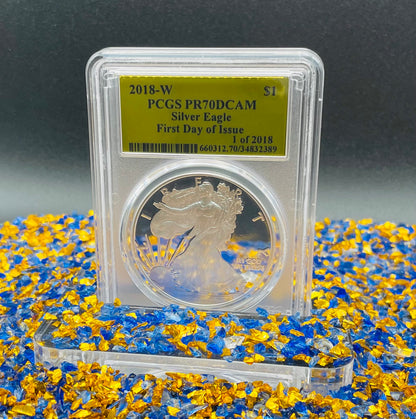 Proof 2018 (W) $1 American Silver Eagle PCGS PR70DCAM FDOI Gold Foil Label (1 of 2,018)