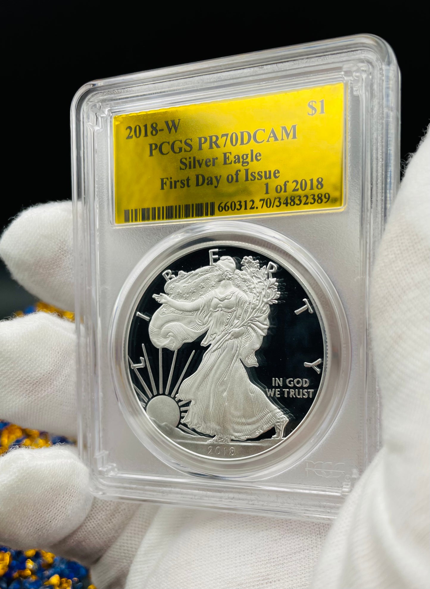Proof 2018 (W) $1 American Silver Eagle PCGS PR70DCAM FDOI Gold Foil Label (1 of 2,018)
