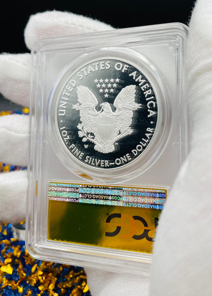 Proof 2018 (W) $1 American Silver Eagle PCGS PR70DCAM FDOI Gold Foil Label (1 of 2,018)