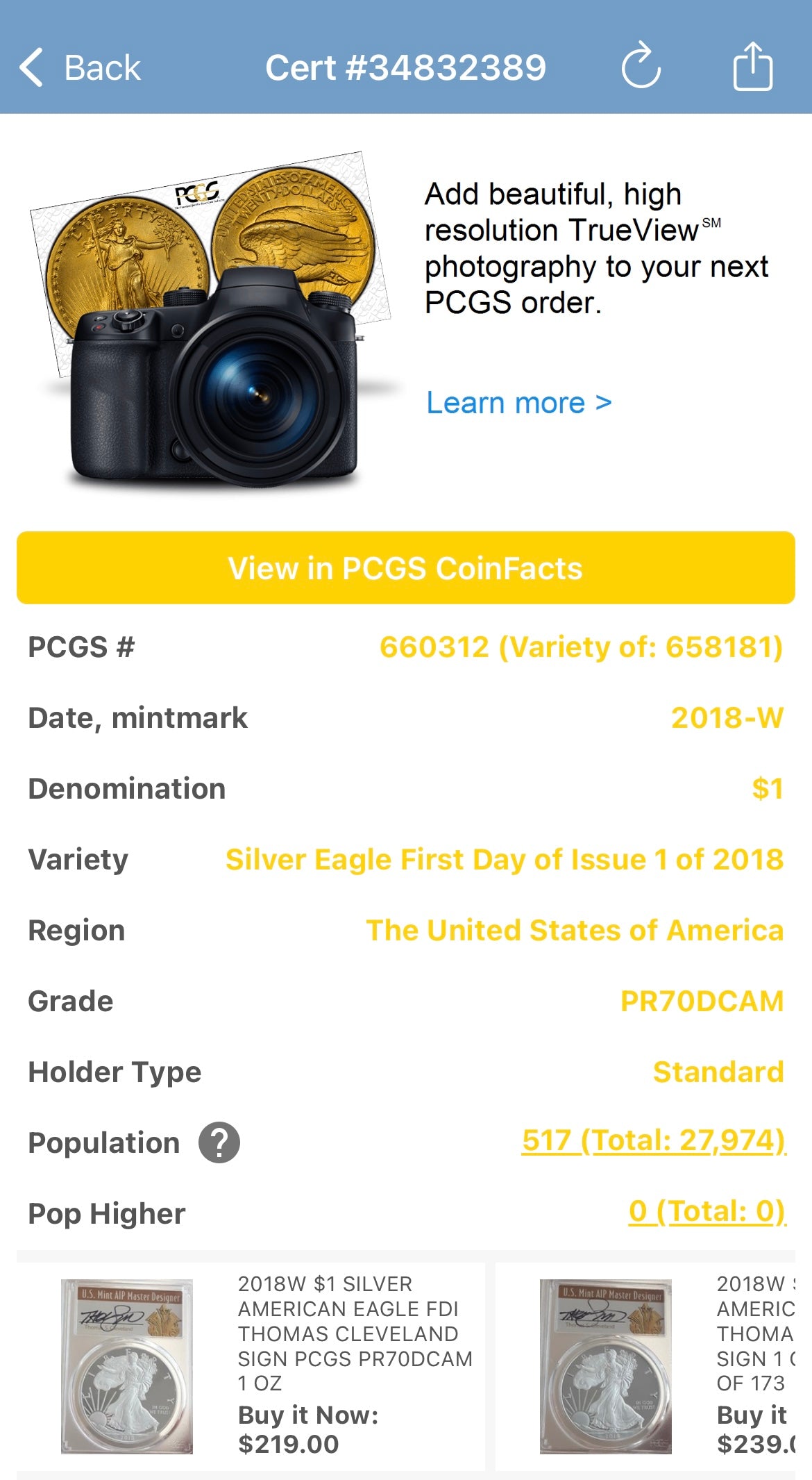 Proof 2018 (W) $1 American Silver Eagle PCGS PR70DCAM FDOI Gold Foil Label (1 of 2,018)