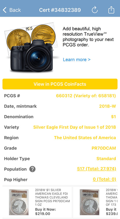 Proof 2018 (W) $1 American Silver Eagle PCGS PR70DCAM FDOI Gold Foil Label (1 of 2,018)