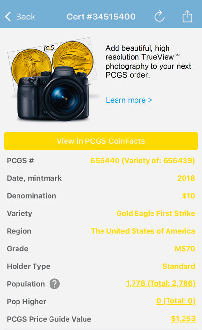 2018 $10 American Gold Eagle PCGS MS70 First Strike Flag Label (Rare 1 of 1,780)