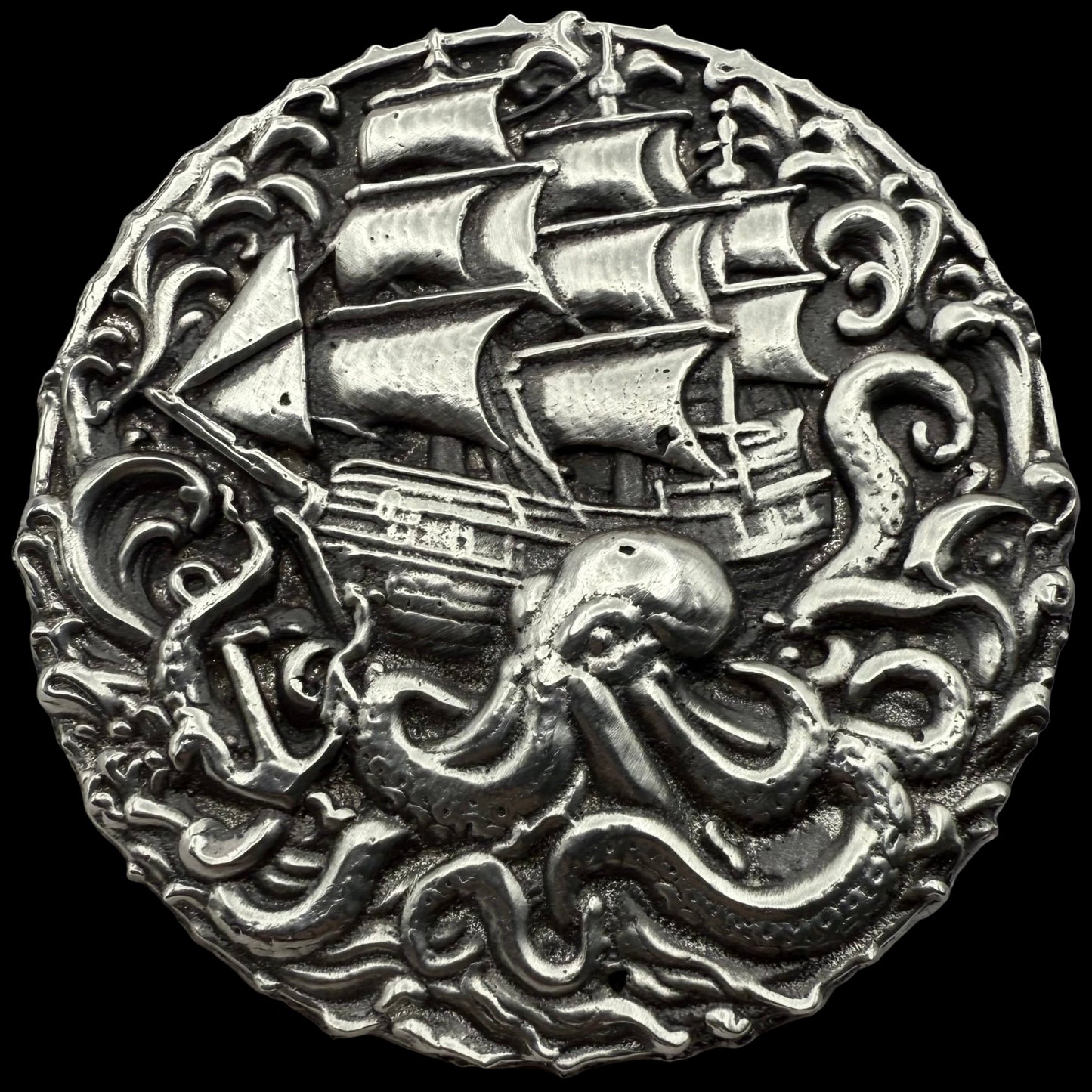 'The Kraken Attack' Sea Monster 2025 2.7 Troy Ounce .999 Fine Silver Round Hand Crafted Antique Finish Includes Wood Treasure Chest, Capsule & COA Mint Condition Limited Edition (1 of 50)
