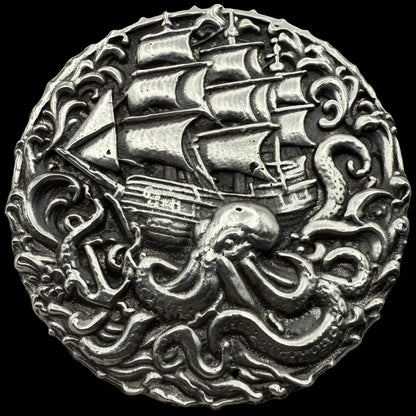 'The Kraken Attack' Sea Monster 2025 2.7 Troy Ounce .999 Fine Silver Round Hand Crafted Antique Finish Includes Wood Treasure Chest, Capsule & COA Mint Condition Limited Edition (1 of 50)