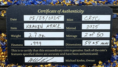 'The Kraken Attack' Sea Monster 2025 2.7 Troy Ounce .999 Fine Silver Round Hand Crafted Antique Finish Includes Wood Treasure Chest, Capsule & COA Mint Condition Limited Edition (1 of 50)