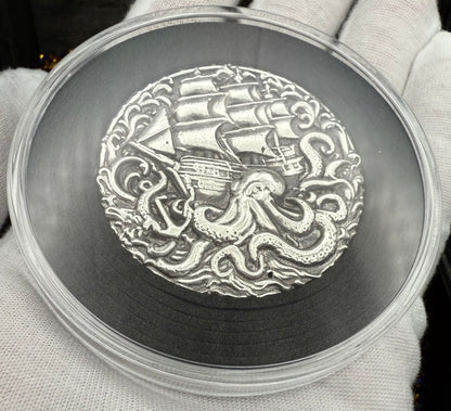 'The Kraken Attack' Sea Monster 2025 2.7 Troy Ounce .999 Fine Silver Round Hand Crafted Antique Finish Includes Wood Treasure Chest, Capsule & COA Mint Condition Limited Edition (1 of 50)