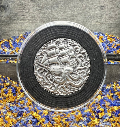 'The Kraken Attack' Sea Monster 2025 2.7 Troy Ounce .999 Fine Silver Round Hand Crafted Antique Finish Includes Wood Treasure Chest, Capsule & COA Mint Condition Limited Edition (1 of 50)