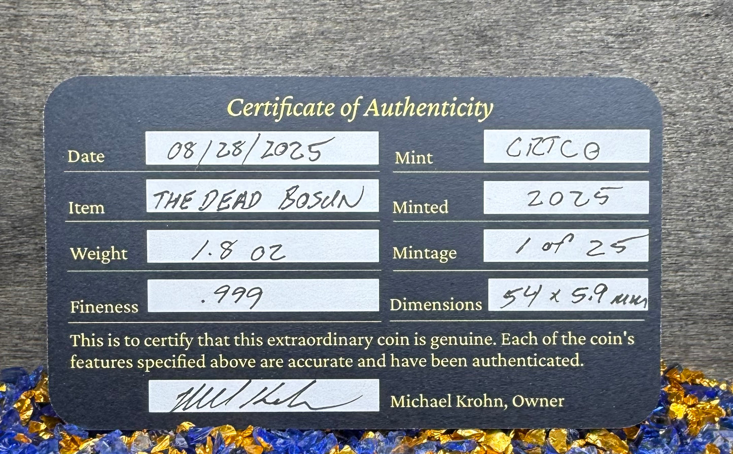 Pirate Deck Boss The Dead Bosun 2025 1.8 Troy Ounce .999 Fine Silver Round Hand Crafted Includes Wood Treasure Chest, Capsule & COA Mint Condition Limited Edition (1 of 25)