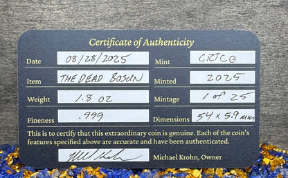 Pirate Deck Boss The Dead Bosun 2025 1.8 Troy Ounce .999 Fine Silver Round Hand Crafted Includes Wood Treasure Chest, Capsule & COA Mint Condition Limited Edition (1 of 25)