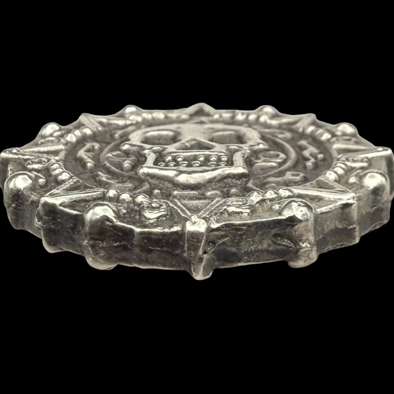 'Aztec Silver Doubloon' Pirate Treasure Hand Crafted by Peculiar Coins 1.5 Troy Ounce .999 Fine Silver Double Sided Skull Antique Finish Includes Wood Treasure Chest, Capsule & COA Mint Condition