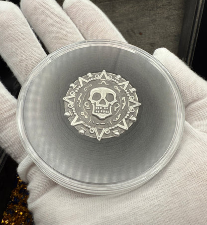 'Aztec Silver Doubloon' Pirate Treasure Hand Crafted by Peculiar Coins 1.5 Troy Ounce .999 Fine Silver Double Sided Skull Antique Finish Includes Wood Treasure Chest, Capsule & COA Mint Condition