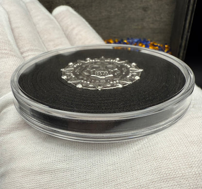 'Aztec Silver Doubloon' Pirate Treasure Hand Crafted by Peculiar Coins 1.5 Troy Ounce .999 Fine Silver Double Sided Skull Antique Finish Includes Wood Treasure Chest, Capsule & COA Mint Condition