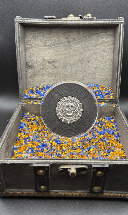 'Aztec Silver Doubloon' Pirate Treasure Hand Crafted by Peculiar Coins 1.5 Troy Ounce .999 Fine Silver Double Sided Skull Antique Finish Includes Wood Treasure Chest, Capsule & COA Mint Condition