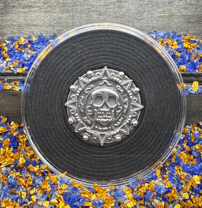 'Aztec Silver Doubloon' Pirate Treasure Hand Crafted by Peculiar Coins 1.5 Troy Ounce .999 Fine Silver Double Sided Skull Antique Finish Includes Wood Treasure Chest, Capsule & COA Mint Condition