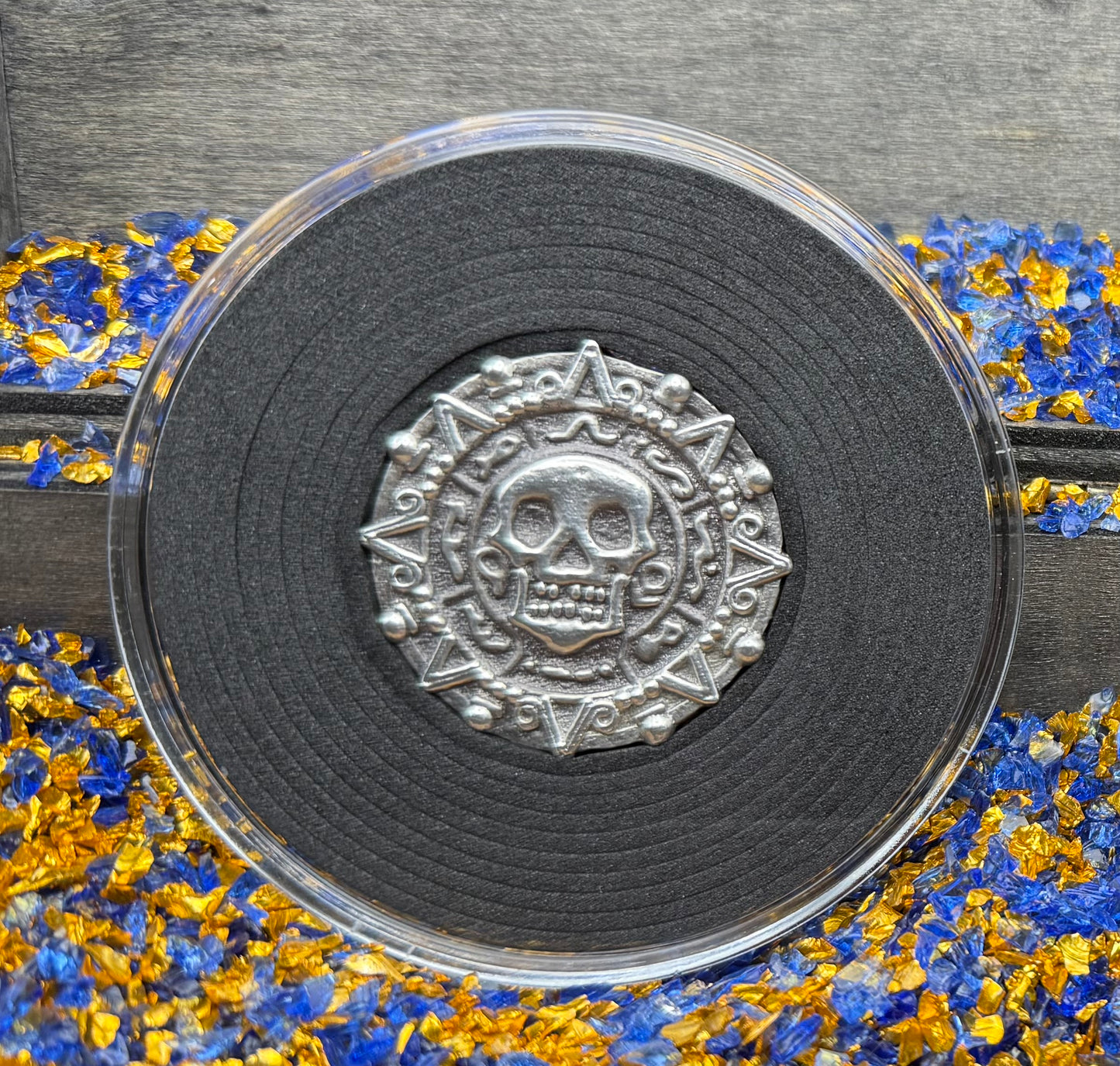 'Aztec Silver Doubloon' Pirate Treasure Hand Crafted by Peculiar Coins 1.5 Troy Ounce .999 Fine Silver Double Sided Skull Antique Finish Includes Wood Treasure Chest, Capsule & COA Mint Condition