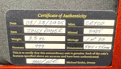 'The Jolly Roger Pirate' Hand Crafted 3.5 Troy Ounce .999 Fine Silver Round Pirate Captain Design Antique Finish Includes Wood Treasure Box, Capsule & COA Limited Edition (1 of 30)