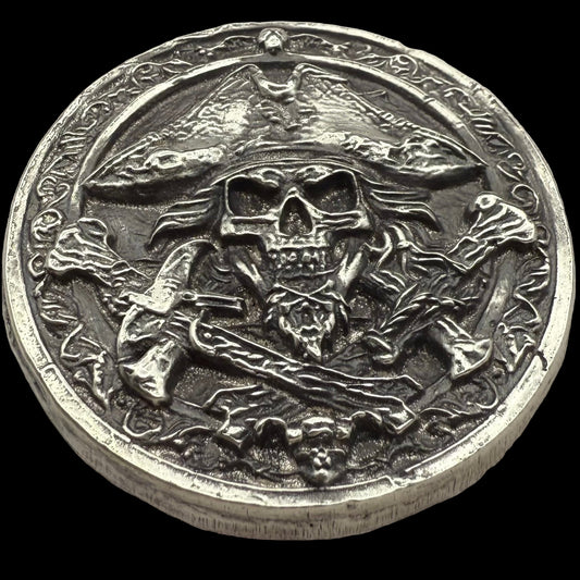 'The Jolly Roger Pirate' Hand Crafted 3.5 Troy Ounce .999 Fine Silver Round Pirate Captain Design Antique Finish Includes Wood Treasure Box, Capsule & COA Limited Edition (1 of 30)