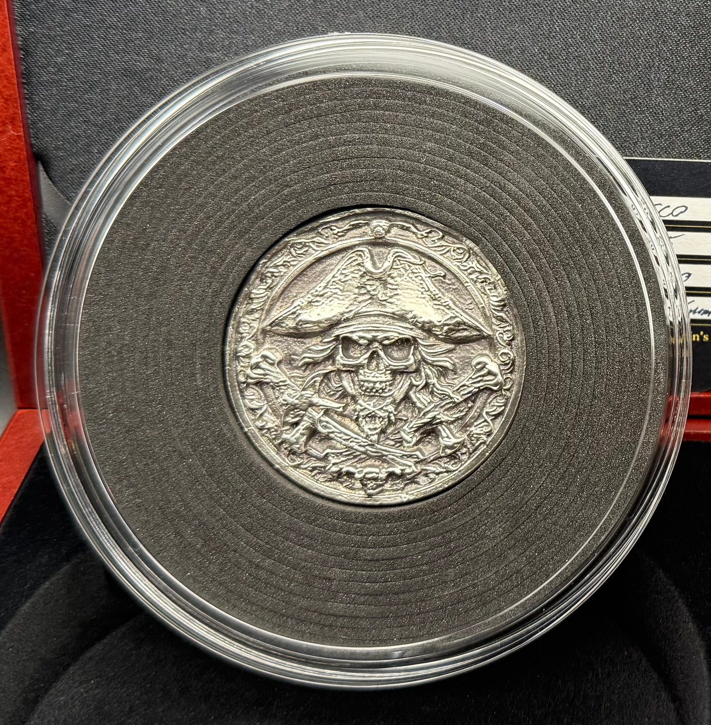 'The Jolly Roger Pirate' Hand Crafted 3.5 Troy Ounce .999 Fine Silver Round Pirate Captain Design Antique Finish Includes Wood Treasure Box, Capsule & COA Limited Edition (1 of 30)