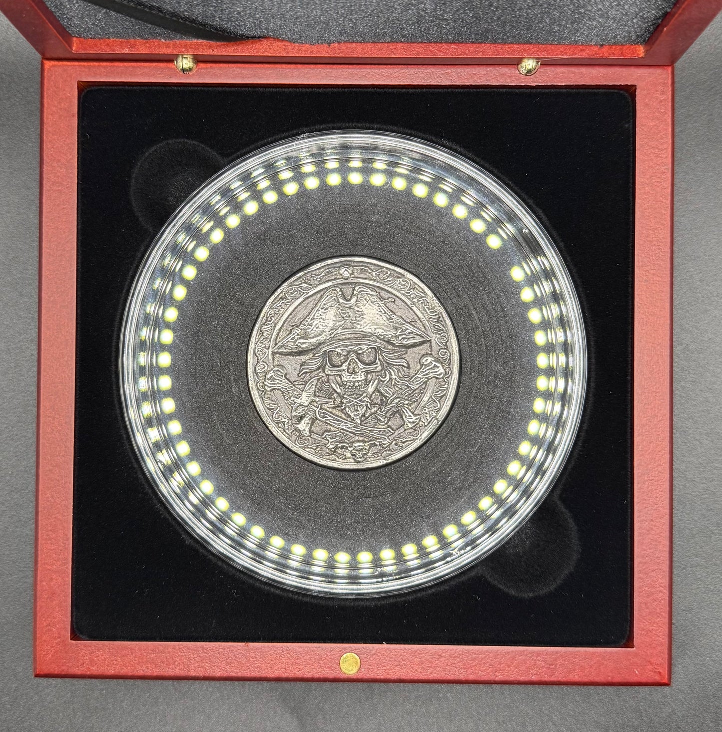 'The Jolly Roger Pirate' Hand Crafted 3.5 Troy Ounce .999 Fine Silver Round Pirate Captain Design Antique Finish Includes Wood Treasure Box, Capsule & COA Limited Edition (1 of 30)