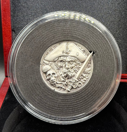 'The Pirate Captain's Curse/ Hand Crafted 3.1 Troy Ounce .999 Fine Silver Round Pirate Skull Sword Design Antique Finish Includes Wood Treasure Box, Capsule & COA Mint Condition Limited Edition (1 of 15)
