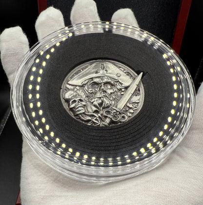 'The Pirate Captain's Curse/ Hand Crafted 3.1 Troy Ounce .999 Fine Silver Round Pirate Skull Sword Design Antique Finish Includes Wood Treasure Box, Capsule & COA Mint Condition Limited Edition (1 of 15)