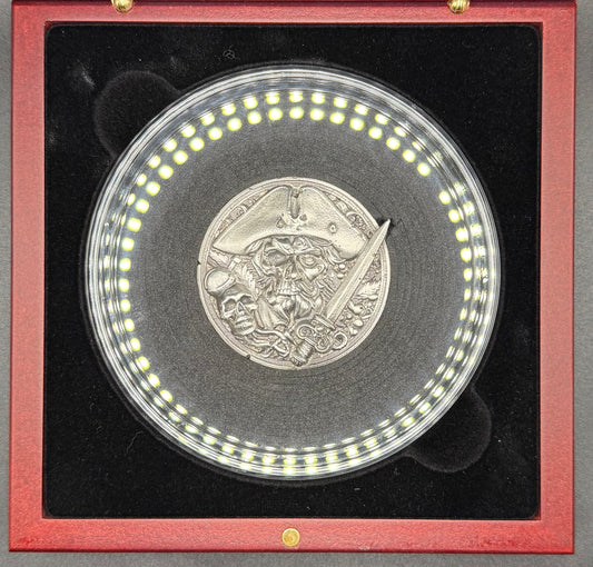 'The Pirate Captain's Curse/ Hand Crafted 3.1 Troy Ounce .999 Fine Silver Round Pirate Skull Sword Design Antique Finish Includes Wood Treasure Box, Capsule & COA Mint Condition Limited Edition (1 of 15)