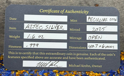 'Aztec Silver Doubloon' Pirate Treasure Hand Crafted by Peculiar Coins 1.5 Troy Ounce .999 Fine Silver Double Sided Skull Antique Finish Includes Wood Treasure Chest, Capsule & COA Mint Condition