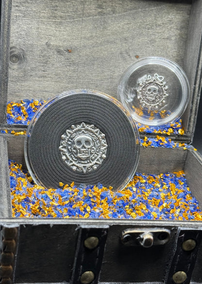 'Aztec Silver Doubloon' Pirate Treasure Hand Crafted by Peculiar Coins 1.5 Troy Ounce .999 Fine Silver Round 2 Piece Set Double Sided Skull Antique Finish Includes Wood Treasure Chest, Capsule & COA Mint Condition