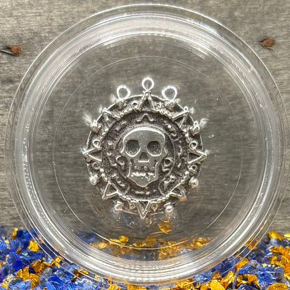 'Aztec Silver Doubloon' Pirate Treasure Hand Crafted by Peculiar Coins 1.5 Troy Ounce .999 Fine Silver Round 2 Piece Set Double Sided Skull Antique Finish Includes Wood Treasure Chest, Capsule & COA Mint Condition