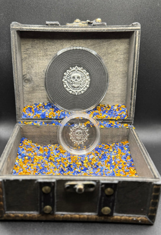 'Aztec Silver Doubloon' Pirate Treasure Hand Crafted by Peculiar Coins 1.5 Troy Ounce .999 Fine Silver Round 2 Piece Set Double Sided Skull Antique Finish Includes Wood Treasure Chest, Capsule & COA Mint Condition