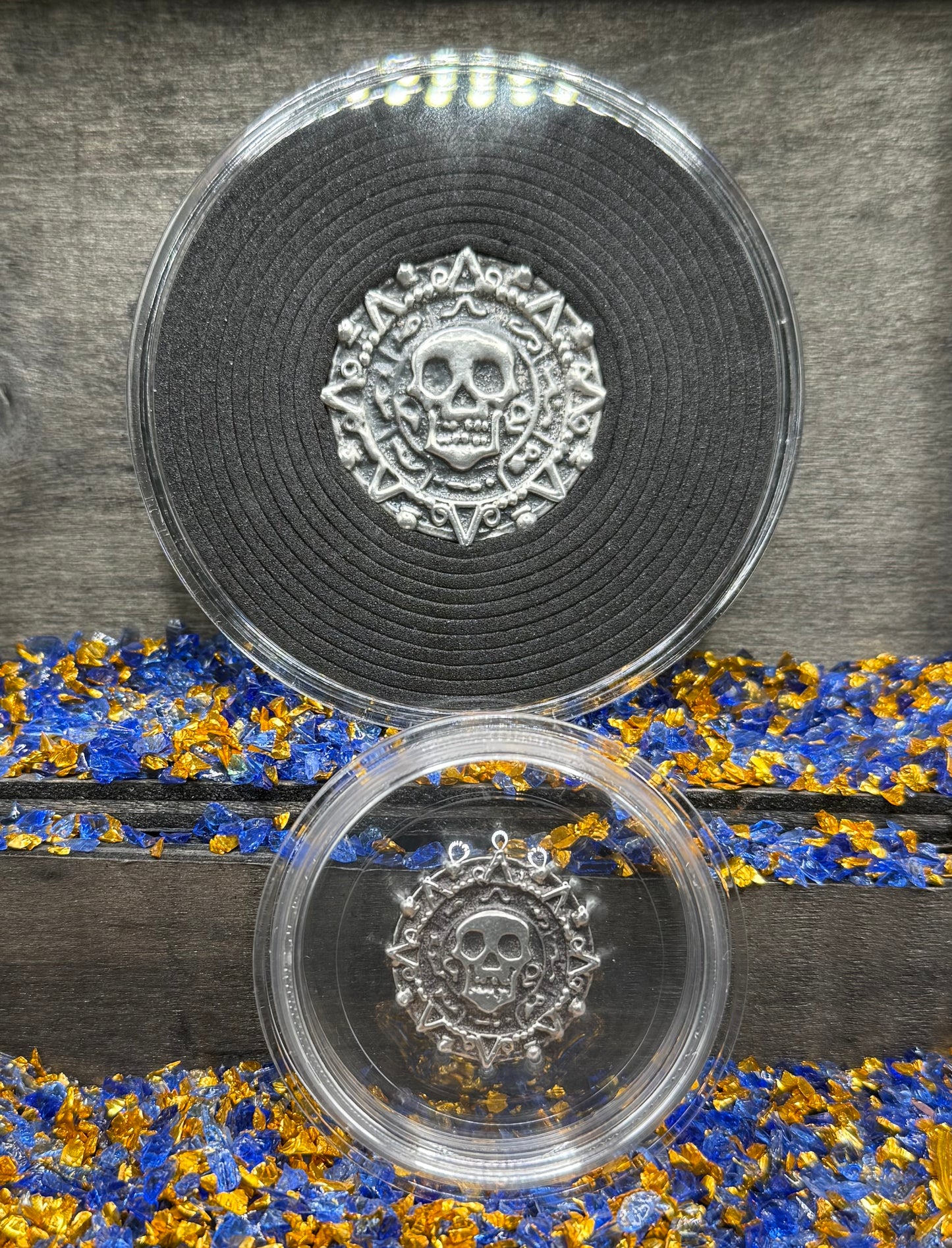'Aztec Silver Doubloon' Pirate Treasure Hand Crafted by Peculiar Coins 1.5 Troy Ounce .999 Fine Silver Round 2 Piece Set Double Sided Skull Antique Finish Includes Wood Treasure Chest, Capsule & COA Mint Condition