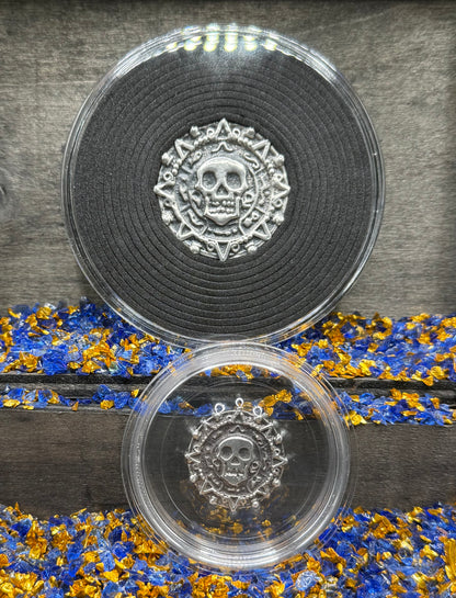 'Aztec Silver Doubloon' Pirate Treasure Hand Crafted by Peculiar Coins 1.5 Troy Ounce .999 Fine Silver Round 2 Piece Set Double Sided Skull Antique Finish Includes Wood Treasure Chest, Capsule & COA Mint Condition