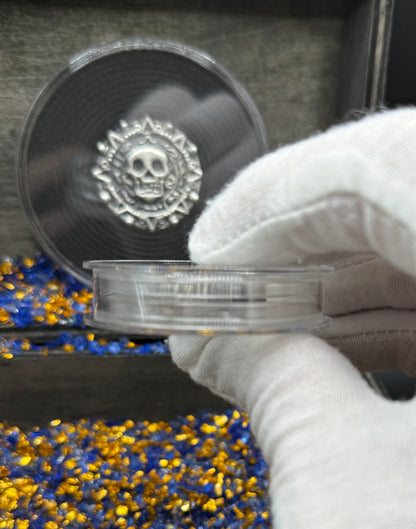 'Aztec Silver Doubloon' Pirate Treasure Hand Crafted by Peculiar Coins 1.5 Troy Ounce .999 Fine Silver Round 2 Piece Set Double Sided Skull Antique Finish Includes Wood Treasure Chest, Capsule & COA Mint Condition