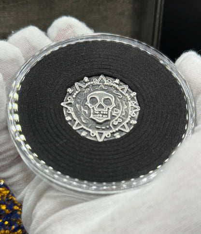 'Aztec Silver Doubloon' Pirate Treasure Hand Crafted by Peculiar Coins 1.5 Troy Ounce .999 Fine Silver Round 2 Piece Set Double Sided Skull Antique Finish Includes Wood Treasure Chest, Capsule & COA Mint Condition