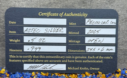 'Aztec Silver Doubloon' Pirate Treasure Hand Crafted by Peculiar Coins .5 Troy Ounce .999 Fine Silver Round Double Sided Skull Antique, Wood Treasure Chest, Capsule & COA Mint Condition