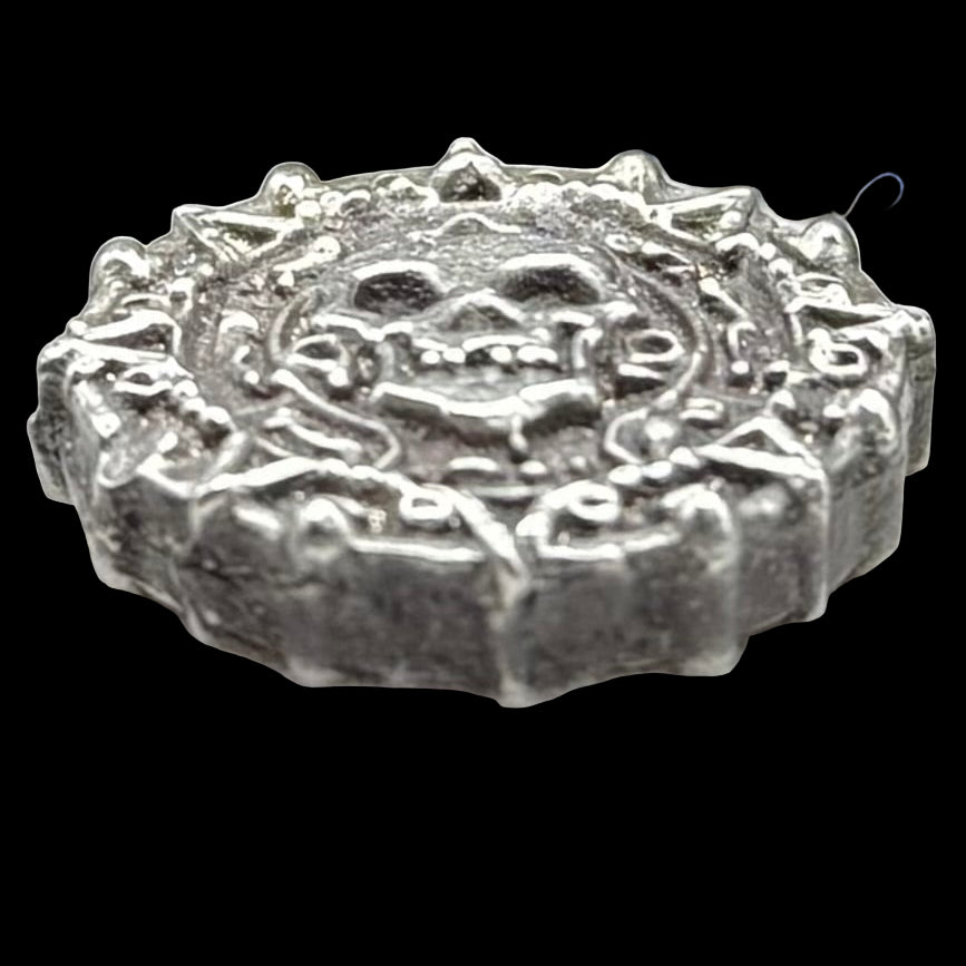 'Aztec Silver Doubloon' Pirate Treasure Hand Crafted by Peculiar Coins .5 Troy Ounce .999 Fine Silver Round Double Sided Skull Antique, Wood Treasure Chest, Capsule & COA Mint Condition